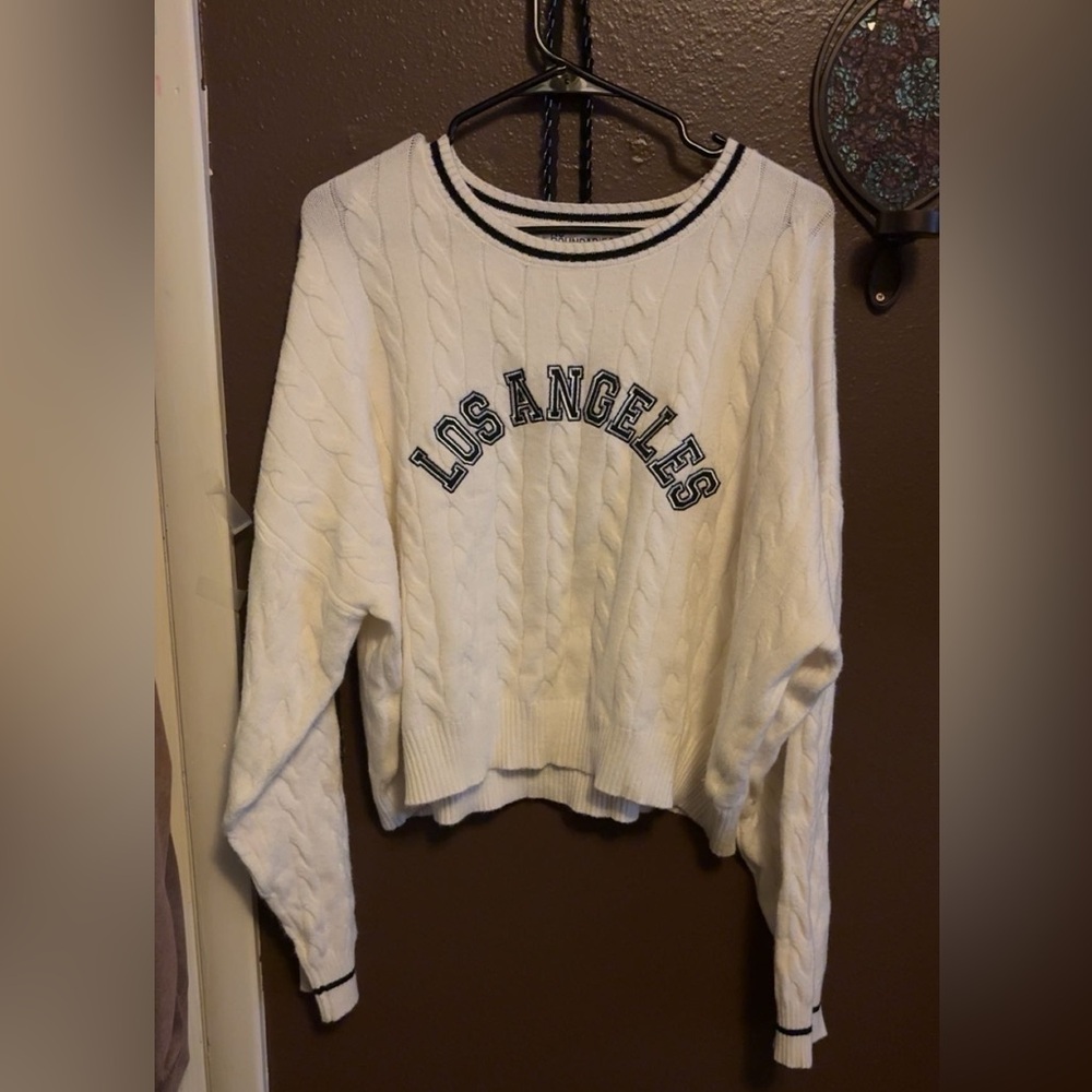 Los Angeles Cable Knit Pullover Sweater - Cream with Black Trim